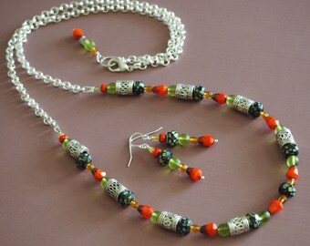 long Czech glass beaded and silver plated rolo chain necklace and earring set! black Picasso beads, coral red teardrops, green sea glass