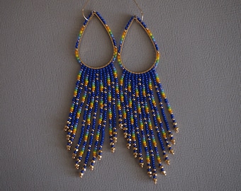 rocky mountain high: boho beaded teardrop fringes in royal blue and rainbow ombre with gold accents and 24k gold plated Czech glass
