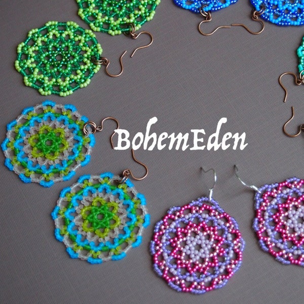 beadweaving tutorial: Seed bead mandala earrings (or pendant). modified circular peyote stitch tutorial, "lacy peyote stitch". download only