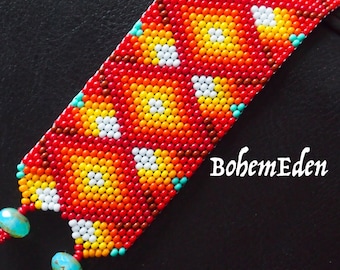 Patroon armband met vuurombre-zaadkraal: peyote-steek met vlammende diamanten (digitale download)