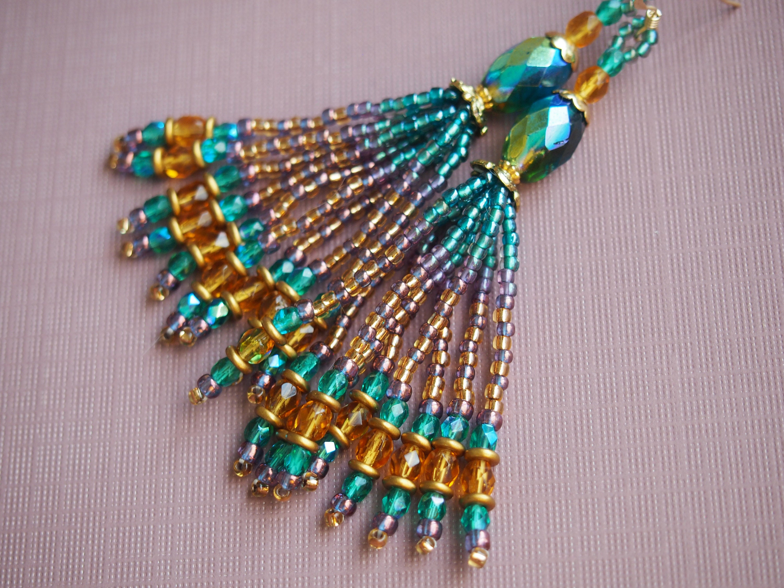 Boucles D'oreilles Pendantes Perles Cristaux Verts - Vintage - Occasion Impeccable
