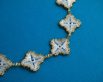White & Gold Quatrefoil Beaded Necklace: Miyuki Delica Seed Beads