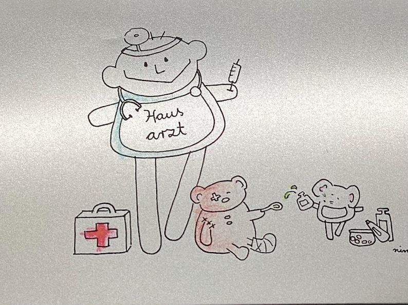 May include: A hand-drawn illustration of a doctor, a teddy bear, and a mouse. The doctor is wearing a stethoscope and a bib that says "Haus Arzt". The teddy bear has a bandage on its leg and is holding a spoon. The mouse is holding a bottle of medicine and a spoon. There is a first aid kit in the background.