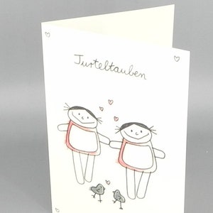Carte d'amour tourtereaux avec 2 filles, carte pliée de nini san pour amour, mariage, Saint Valentin image 1