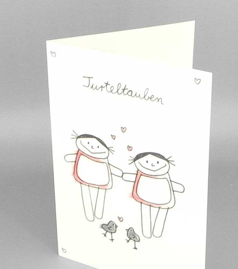 Carte d'amour tourtereaux avec 2 filles, carte pliée de nini san pour amour, mariage, Saint Valentin image 1