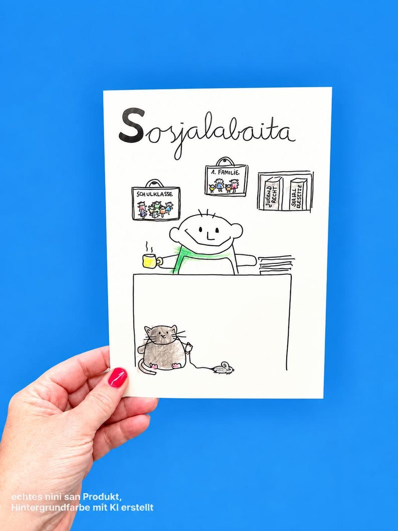 Bild von Sozialarbeiter, DinA5 Karte mit Titel aus Kindermunde: Sosjalabaita. Verspielte nini san Illustration eines Sozialarbeiters hinter einem Schriebtisch mit Akten und Familienbildern an der Wand. Vor dem Schreibtisch hält eine Katze eine Maus an einer Schnur. Bild wird von meiner Hand gehalten. Echtes nini san Produkt, echte Hand, Hintergrundfarbe mit KI erstellt