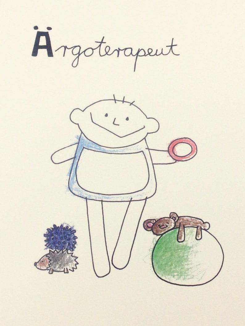 May include: A black and white illustration of a child holding a red ring. The child is wearing a blue shirt and has a happy expression. The child is standing next to a green ball with a brown teddy bear lying on top of it. There is also a black and white illustration of a hedgehog with blue quills.