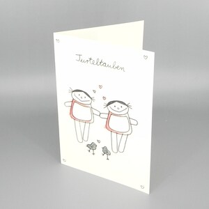 Carte d'amour tourtereaux avec 2 filles, carte pliée de nini san pour amour, mariage, Saint Valentin image 2