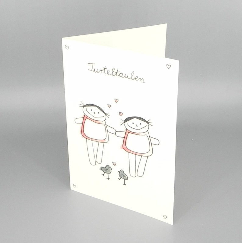 Carte d'amour tourtereaux avec 2 filles, carte pliée de nini san pour amour, mariage, Saint Valentin image 2