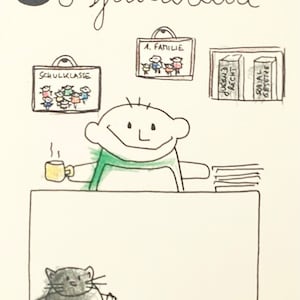 Peut inclure: Un dessin au trait intitul&eacute; Sosjalabaita montrant une personne &agrave; un bureau tenant une tasse fumante, avec des cadres &eacute;tiquet&eacute;s SCHULKLASSE et A. FAMILIE, une &eacute;tag&egrave;re avec des livres JUGEND RECHT et SOZIAL GESETZE, et un chat tenant une souris en laisse.