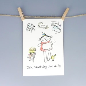 Cartão de aniversário Piep Piep Hooray com a menina Nini San / cartão de aniversário divertido com desenho colorido
