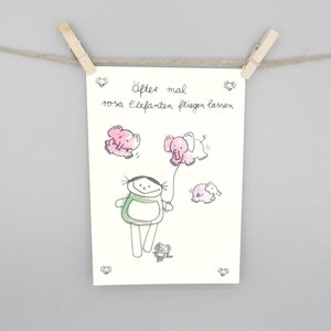 Carte éléphant rose avec dicton / carte postale amusante de Nini San / cartes avec devise quotidienne