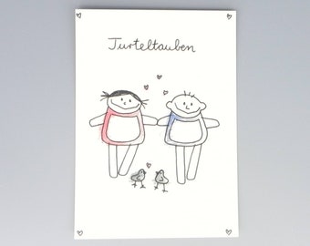 Hochzeitskarte Turteltauben /nini san Liebeskarte / personalisierte Karte Liebespaar Junge und Mädchen/ Valentinskarte / Hochzeitstag