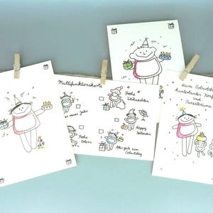 Ensemble de cartes d'anniversaire avec 12 cartes pour les anniversaires, cartes de vœux ludiques avec des illustrations de Nini San avec douze cartes postales en ensemble