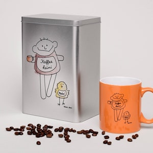 Coffee can and coffee cup, large metal can and orange cup by nini san
