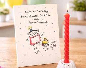 Birthday card with mini Bundt cake and candle as a birthday set - birthday card with colorful confetti plus plaster cake and red candle