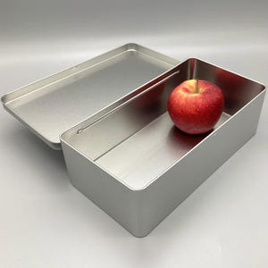 May include: A silver metal rectangular box with a hinged lid. The box is open and a red apple is inside.