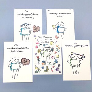 Cartes postales familiales 5 pièces / Maman, papa, sœur, frère et tante / Cinq cartes nini san avec des membres de la famille dans un ensemble