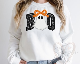 Boo Ghost With Bow Applique Machine Embroidery Design, Halloween Girl Ghost Embroidery File, Spooky Boo Embroidery Download