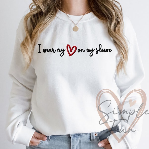 Je porte mon cœur sur ma manche, motif de broderie d'amour, broderie de sweat-shirt de la Saint-Valentin, fichier de broderie machine