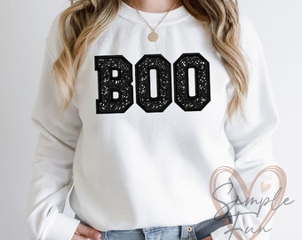 Desenho de bordado de Halloween, aplique bordado "BOO", desenho de bordado para moletom de Halloween, arquivo de bordado à máquina