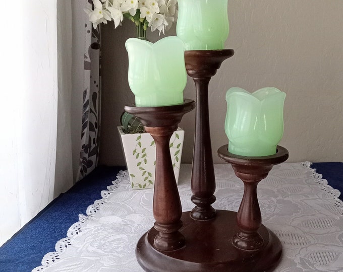 Vintage Jadeite and Wood Three Tier Candle Holder Home Decor Etsy