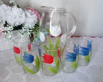 Vintage Juice Water Pitcher Set With Glasses Hand Painted Floral Tulips