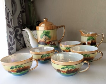 Vintage Takito Japan Lusterware Teapot Set Hand Painted Country Scene