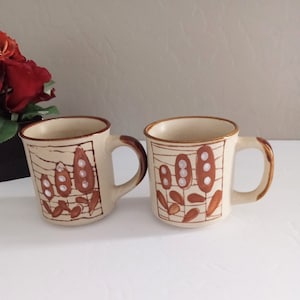 Vintage Hand Painted Floral Korean Stoneware Mugs Cups Brown