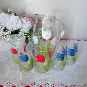 Vintage Juice Water Pitcher Set With Glasses Hand Painted Floral Tulips