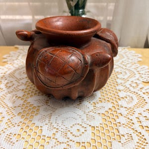 Vintage Red Clay Three Perpetual Turtle Figures Around the Pot Vase