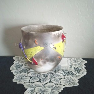 Vintage Art Pottery Bowl Vase with Copper Wire Handmade Signed