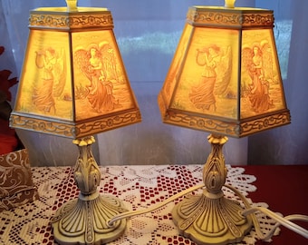 Vintage Angel tafellamp harslithopaan met zeshoekige kap twee