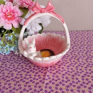 Vintage Potter&#39;s Studio White and Pink Flower Ceramic Basket with a Bunny