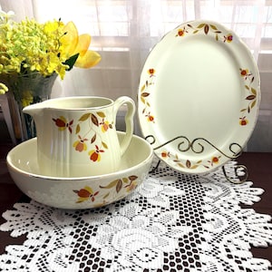 Vintage Hall China Serving Platter, Bowl, Milk Pitcher Autumn Leaf Pattern
