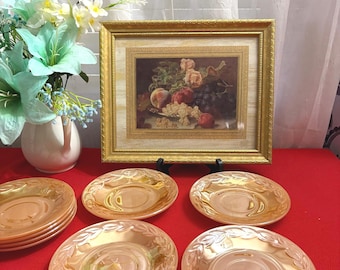 Vintage Anchor Hocking Fire King Peach Luster Laurel Leaf Coffee Cup Saucers.