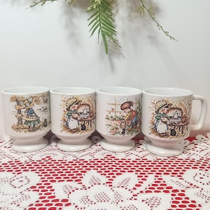 Vintage White Pedestal Coffee Mugs Cups with Little Girls