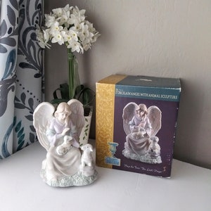 Vintage Porcelain Angel Figurine With Lambs Sculpture Music Box  by Classic Treasures
