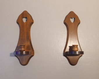 Vintage Pair of  Wood Wall Candle Holders Sconces Heart