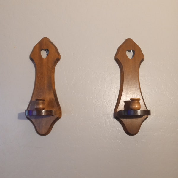 Vintage Pair of  Wood Wall Candle Holders Sconces Heart