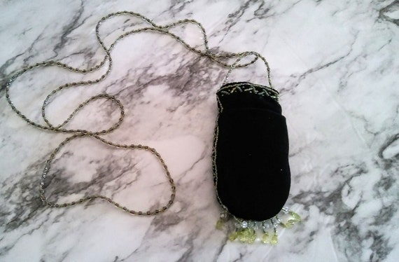 Vintage Black Velvet Beaded Pocket Pouch Mini Pur… - image 2