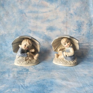 Vintage Blue Boy And Girl Figurine with Umbrella Porcelain Knick Knacks