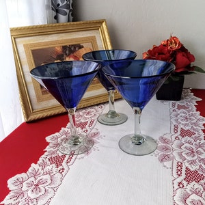 Hand Blown Blue Martini Glasses Goblets Barware Cocktail Glass