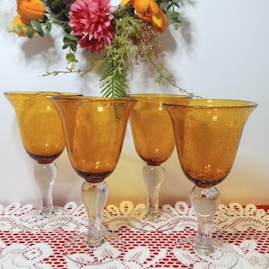 Artland Seeded Amber Bubble Wine Water Glasses Hand Blown Barware Stemware