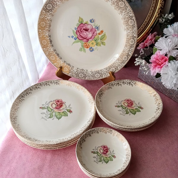 Vintage China Royal Rosetta Gold Trim Round Serving Platter, Rose Plates, Bowls