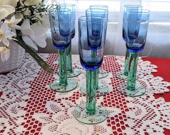 Vintage Scandinavian Cordial Liqueur Blue & Green Footed Shot Glasses