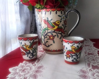 Vintage Hand Painted Folk Art Pottery Decor Pitcher Cups Bird Flowers