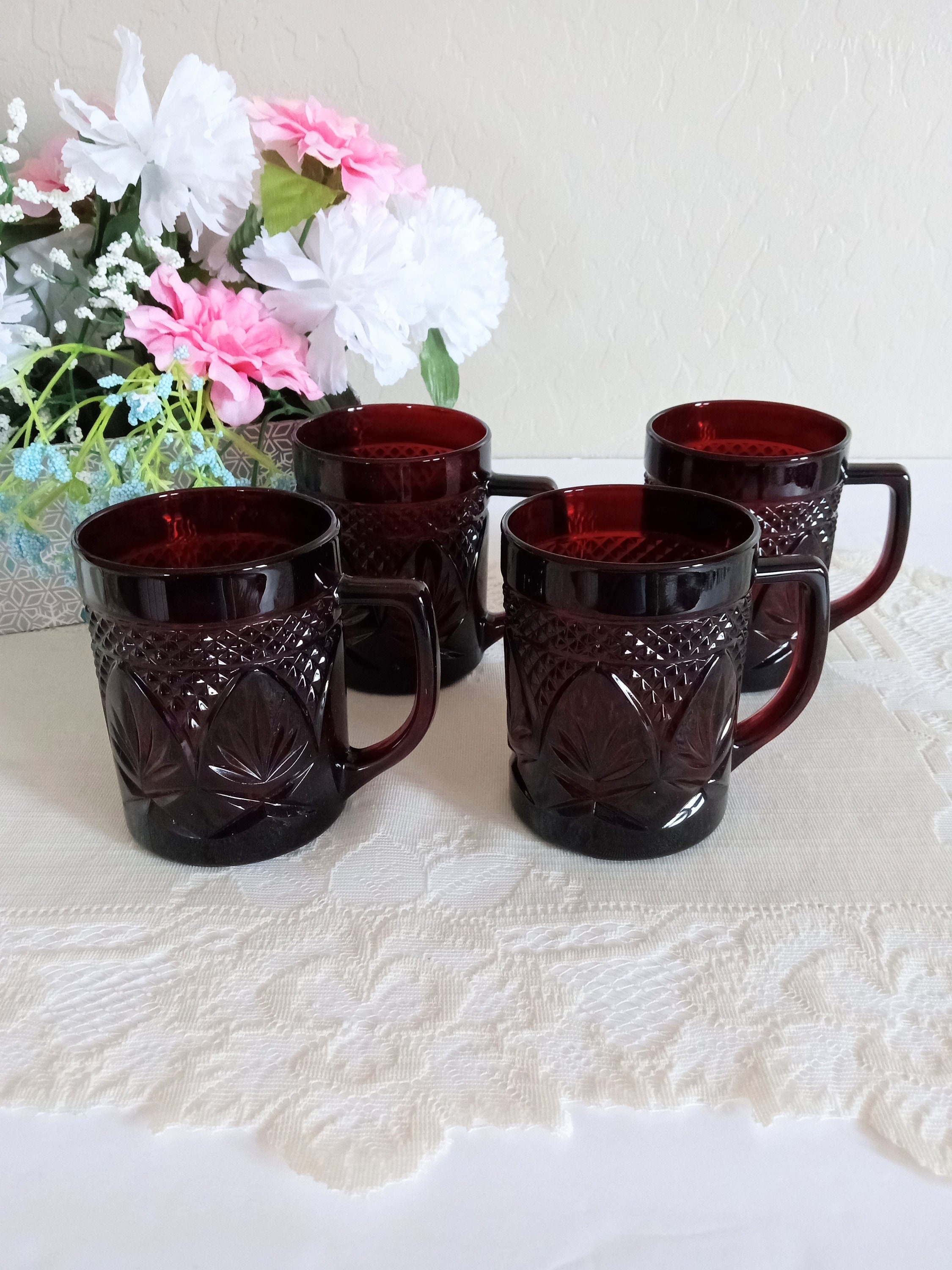 Vintage Luminarc Ruby Red Glass Cups Mugs