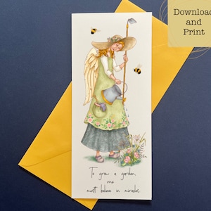 Ángel de jardinería- tarjetas de felicitación de ángel- tarjetas de ángel imprimibles- flores- abejorros- jardinería- estudio de susan ewing- tarjetas de jardinería digital