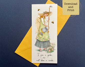 Gardening angel- angel greeting cards- printable angel cards- flowers- bumble bees- gardening- susan ewing studio- digital gardening cards